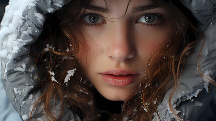 a person's face with a thin layer of snow covering their hair and clothing