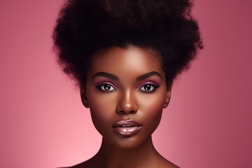 Obraz premium Beauty portrait of young african american woman on pink background.Generative Ai