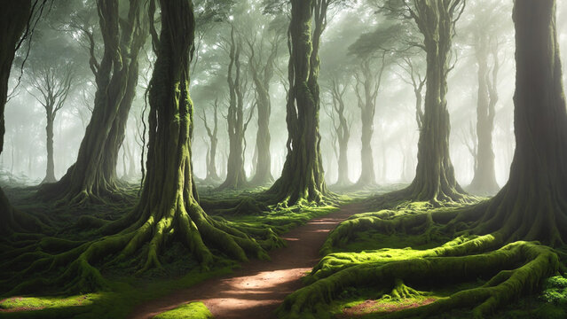 A forest path lined with ancient trees, generative AI.