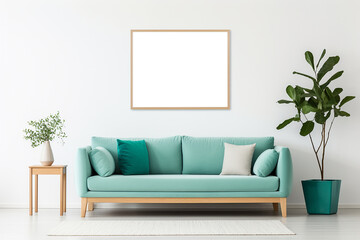 Fototapeta na wymiar Teal sofa and big mockup poster frame on white wall. Scandinavian interior design of modern living room