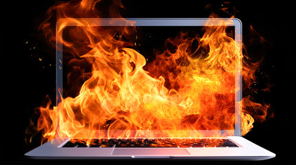黒背景の炎上するノートパソコン