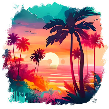Tropical beach, palm trees, sunset, background