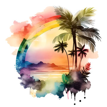 Watercolor illustration of a tropical beach, sunset, palm trees. Summer background