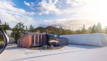 Bauplanung eines energieeffizienten Einfamilienhauses mit Photovoltaik und Landschaft im Hintergrund - 3D Visualisierung