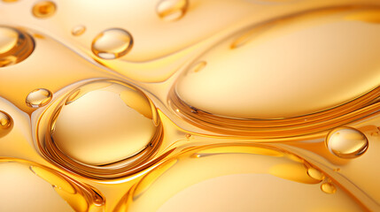 Golden oil bubbles in water against a light golden gradient backdrop