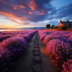 Endless rows of vibrant lavender in bloom.