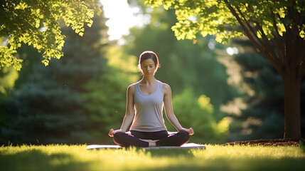 Portrait of young woman doing yoga in the morning at the park, healthy woman relaxing and practicing yoga at the city park. Mindfulness - Powered by Adobe