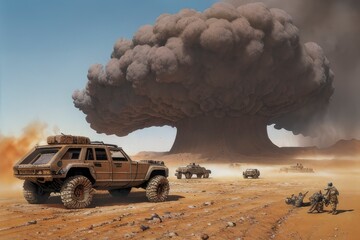  砂漠と車ときのこ雲