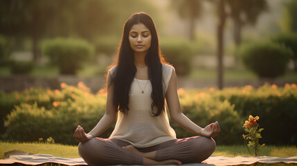 Portrait of young indian woman doing yoga in the morning at the park, healthy woman relaxing and practicing yoga at the city park. Mindfulness