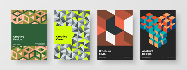 Colorful geometric pattern corporate cover layout composition. Original pamphlet vector design template bundle.