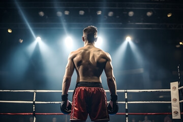 Fototapeta na wymiar Back view of professional boxer fight in ring with spot lighting, confident boxer standing inside boxing ring in stadium