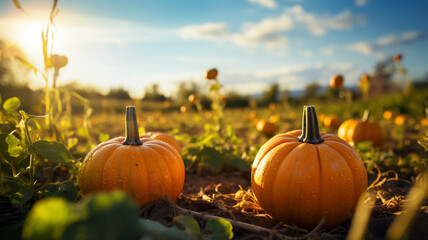 Ripe pumpkins in a pumpkin patch in the autumn - obrazy, fototapety, plakaty