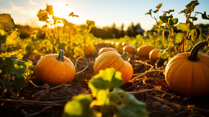 Ripe pumpkins in a pumpkin patch in the autumn