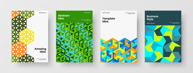 Clean geometric pattern pamphlet concept set. Colorful annual report design vector layout collection.