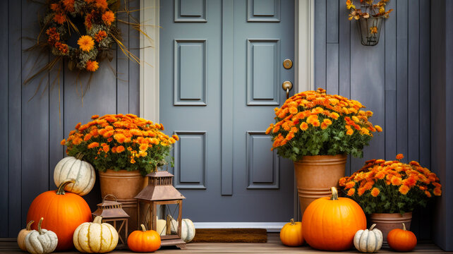 House front porch with autumn season decorations - pumpkins and flowers