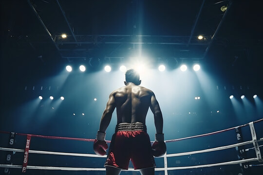 Back view of professional boxer fight in ring with spot lighting, confident boxer standing inside boxing ring in stadium