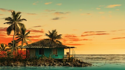  a hut on an island with palm trees and a sunset in the background.  generative ai
