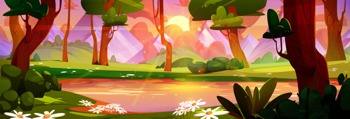 Sunset on forest lake with mountain view cartoon background. Beautiful pink and orange sky with sunlight beam falling on river shore with chamomile flower and green grass nature environment.