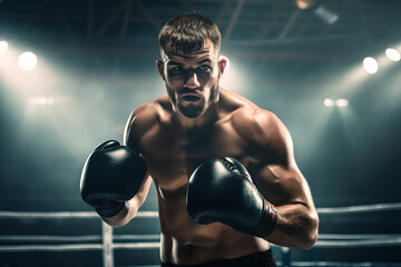 Fototapeta na wymiar Portrait of professional male boxer in ring with gloves raised, confident boxer standing inside boxing ring in stadium, ready to fight and compete