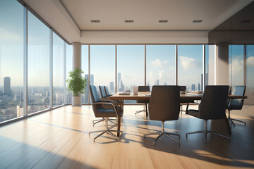 Empty cleaned meeting room with a view of the city skyline, beautiful corner conference room with cityscape view