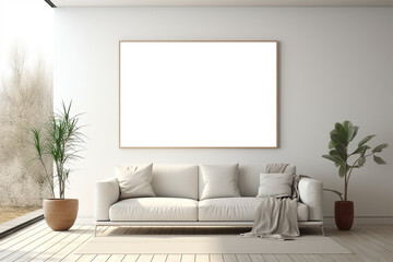 White minimalist living room interior with sofa on a wooden floor, decor on a large wall,