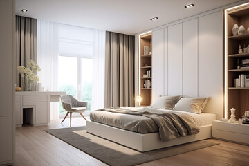Naklejka na ściany i meble White wooden wardrobe in scandinavian style interior design of modern bedroom