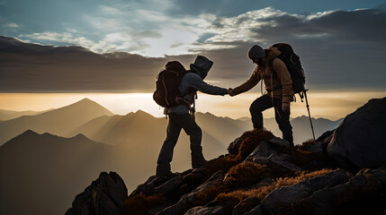 Teamwork friendship hiking helping each other hike up a mountain at sunrise. Teamwork and achievement concept. - obrazy, fototapety, plakaty