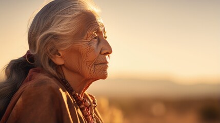 Old senior native american woman close-up portrait with wrinkles skin on golden sunset, outdoors in America nature. Indigenous people of first nation of americas