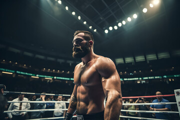 Fototapeta na wymiar Professional male boxer standing on boxing ring, confident boxer standing inside boxing ring in stadium, ready to fight and compete