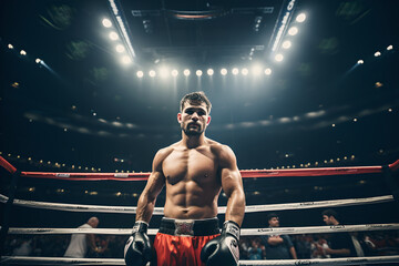 Fototapeta na wymiar Professional male boxer standing on boxing ring, confident boxer standing inside boxing ring in stadium, ready to fight and compete