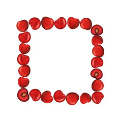 square frame elegantly bordered by meticulously placed cherry berries, purposefully embracing an artful nonchalance. watercolor hand drawn illustration