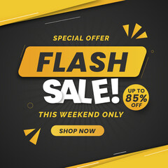 Flash Sale banner with black background and special offer up to 85%. This Weekend Only. Shop Now. Flash Sales banner template design for social media and website. 85% off.