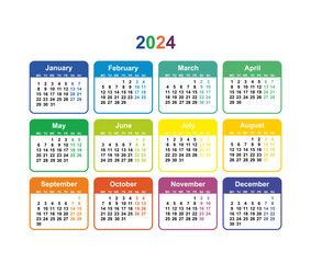 Calendar grid 2024 colorful vector Simple layout of pocket or wall calendar