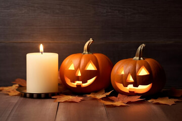 Halloween pumpkins, candle and maple leaf on wooden board with copy space on dark bakground.