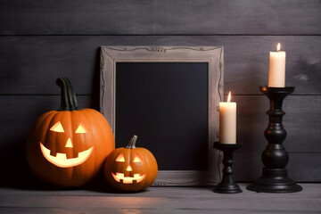 Halloween pumpkins, candle and lantern with mock up blank wooden frame chalkboard on dark bakground.
