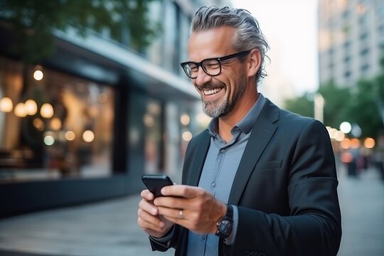 Portrait Of A Smiling Mature Businessman Using Mobile Phone In The City