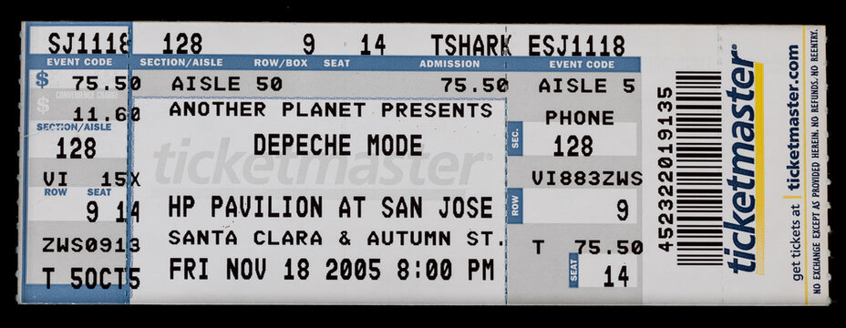 San Jose, California - November 18, 2005 - Old used ticket stub for Depeche Mode concert at HP Pavilion