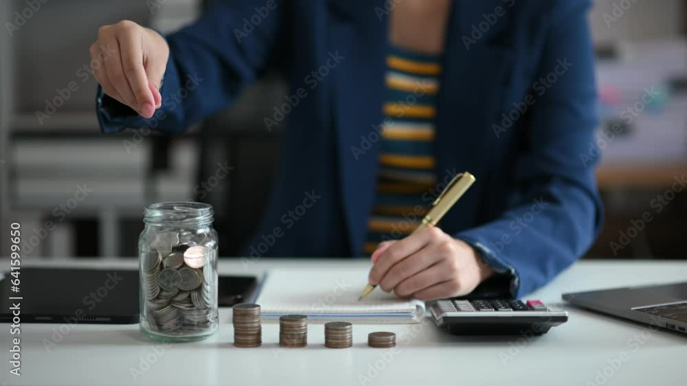 Poster businessman holding coins putting in glass with using smartphone and calculator to calculate concept