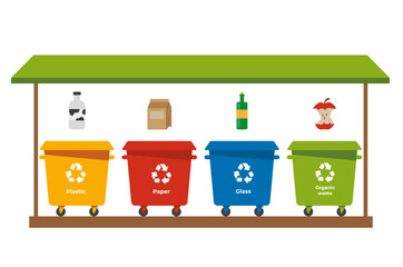 Recycling of waste. Garbage cans for sorting garbage. Paper, plastic, glass, organic garbage. Vector illustration