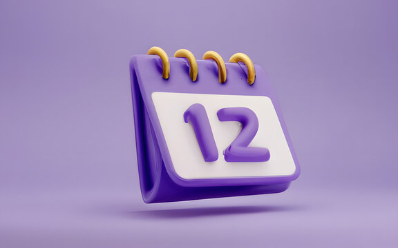 3d Calendar Icon In Realistic Style. Cute, Shiny Calendar. 12 Day. Vector Illustration Isolated On Purple Background.