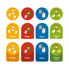 Recycling of waste. Stickers for sorting garbage. Paper, plastic, glass, organic garbage. Vector illustration