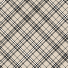 Seamless diagonal plaid and checkered patterns in black brown and white for textile design. Tartan plaid pattern with a cross-shaped background for a fabric print. Vector illustration.