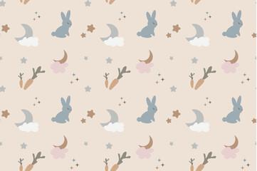 Children's seamless pattern. Background with a rabbit and a month. Cute and pastel. Vector illustration