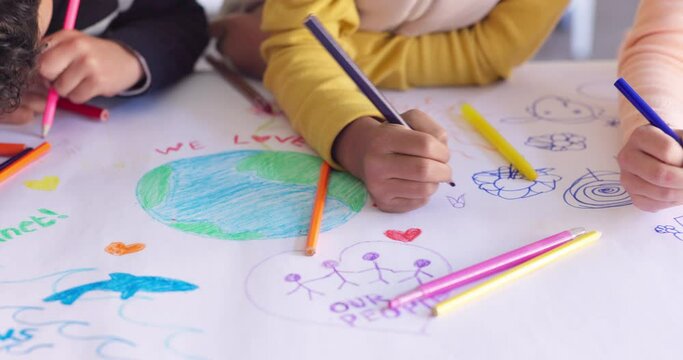 Children in classroom, drawing with color and art for earth day, eco friendly education and kindergarten. Creative poster project, group of school kids together, saving the planet and environment.
