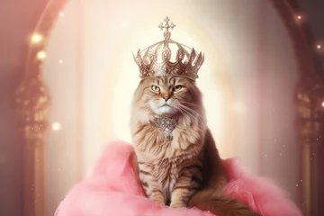 Fotobehang Cat in a princess pink costume portrait as a historical funny portrait. Crown and palace interior on the background. Funny pets as royals © Yevhenii