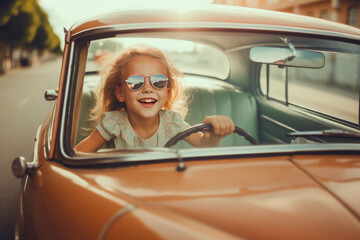 Happy child girl goes to summer travel trip in car.Generative AI
