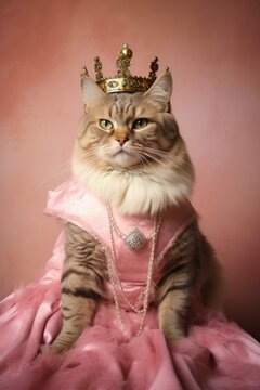 Cat in a princess pink costume portrait as a historical funny portrait. Crown and palace interior on the background. Funny pets as royals
