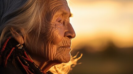 Old senior native american woman close-up portrait with wrinkles skin on golden sunset, outdoors in America nature. Indigenous people of first nation of americas