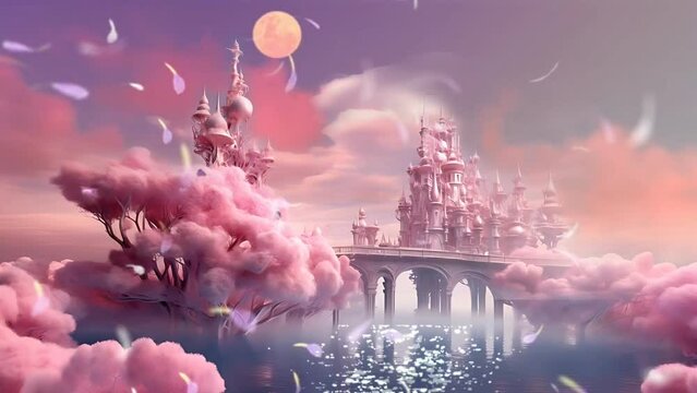autumn fantasy fairytale dream pink castle at the sea with sakura flowers tree. seamless loop infinite 4k animation
