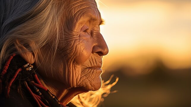 Old senior native american woman close-up portrait with wrinkles skin on golden sunset, outdoors in America nature. Indigenous people of first nation of americas